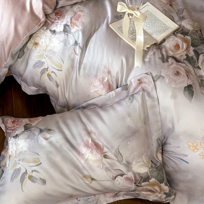 91家纺网 家纺一手货源 找家纺 2025春夏新品数码印花60兰精天丝宽边工艺款四件套 倾城-豆沙