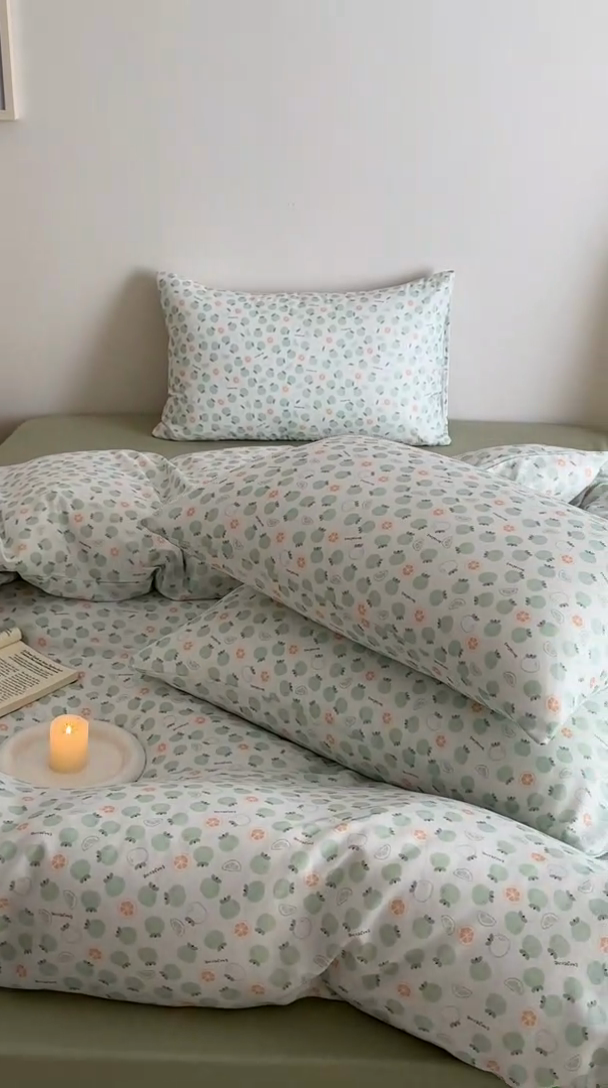 91家纺网 家纺一手货源 找家纺 塞纳 2026新款.全棉有氧双层纱四件套-场景一 大橘大利-绿