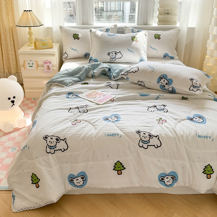 91家纺网 家纺一手货源 找家纺 慕尚家纺 2025新款水洗棉花边工艺羽丝棉卡通系列夏被 淘气狗