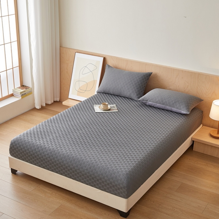 91家纺网 家纺一手货源 找家纺 梦镜2025新款A类亲肤棉华夫格棋盘格防水床笠 华夫格-淡灰