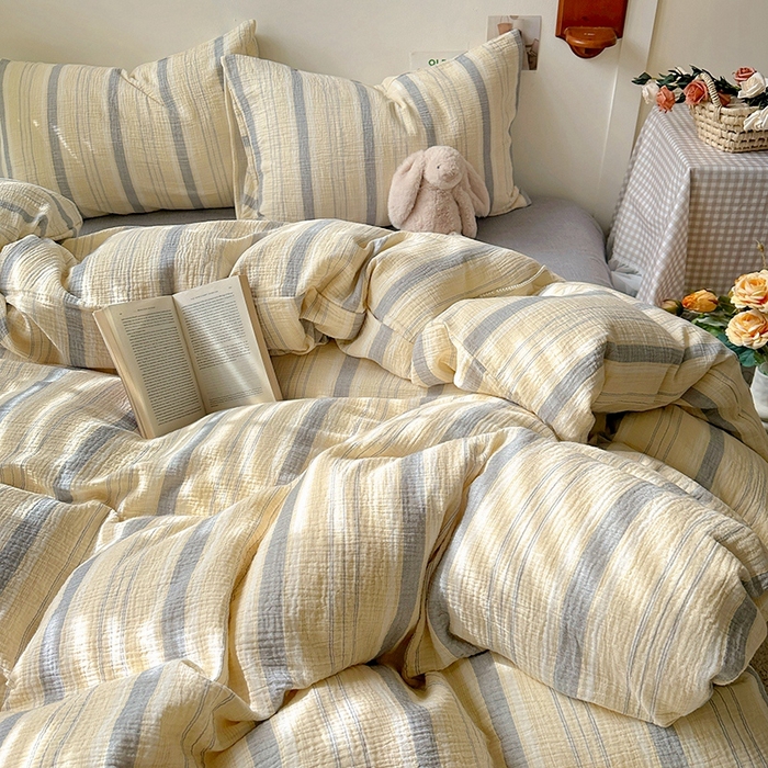 91家纺网 家纺一手货源 找家纺 田野2025新款全棉皱皱纱四件套 时予-黄灰