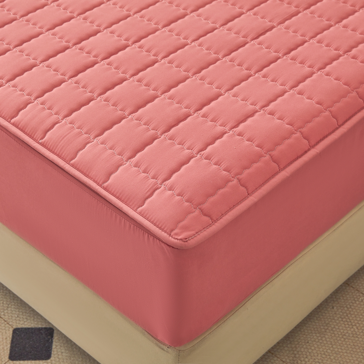 91家纺网 家纺一手货源 找家纺 欧邦 2025新款可拆卸六面全包夹棉床笠 单面夹棉-朱玉粉