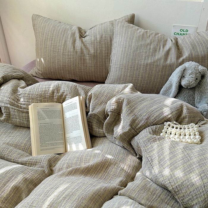 91家纺网 家纺一手货源 找家纺 田野2025新款全棉皱皱纱四件套 小半-亚麻棕