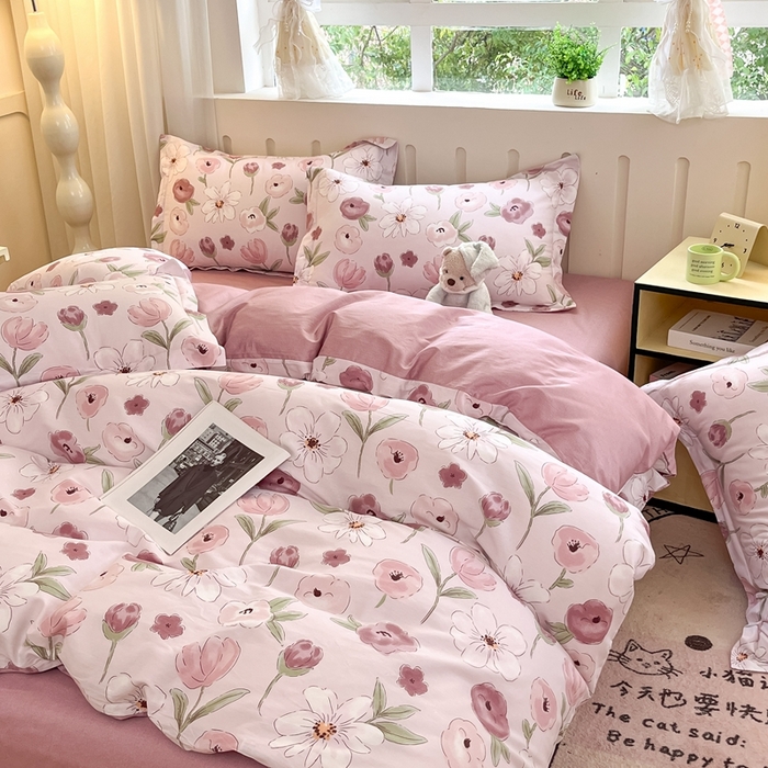 91家纺网 家纺一手货源 找家纺 大吉 2025新款100全棉纯棉喷气小清新被套四件套纯棉三件套床笠四件套单被套单枕套 幸福时光