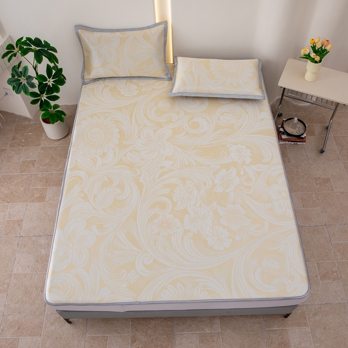 91家纺网 家纺一手货源 找家纺 凌云家纺  2025新款提花凉感冰丝席床笠款三明治凉席三件套 萱花-金