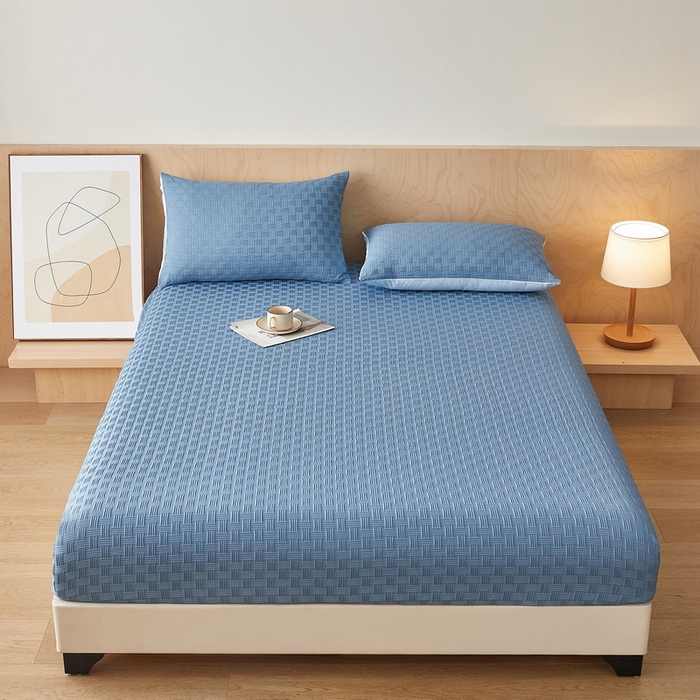 91家纺网 家纺一手货源 找家纺 梦镜2025新款A类亲肤棉华夫格棋盘格防水床笠 华夫格-湖蓝