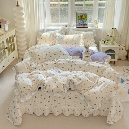 麦朵家居2025新款双层纱针织棉床盖款四件套 紫葡萄