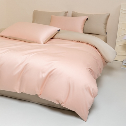舒慕家纺 2025新款100s高支贡缎长绒棉纯色四件套双拼四件套（送包装） 白桃粉-浅香槟