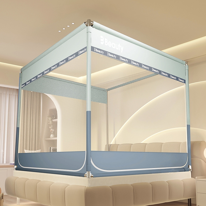 91家纺网 家纺一手货源 找家纺 青竹苑 2025新款无印字母三门坐床床笠底防摔蚊帐 蓝灰