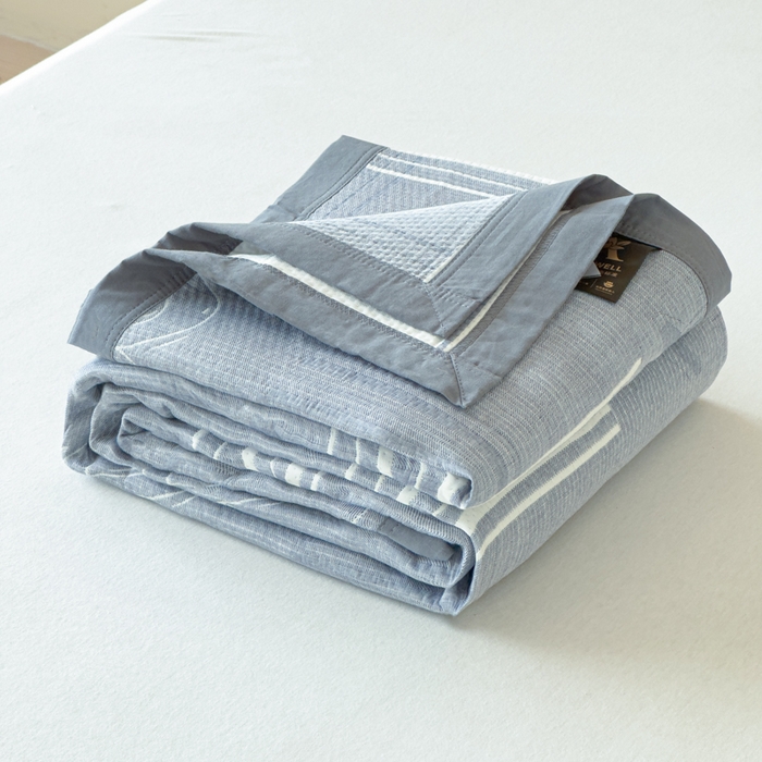 91家纺网 家纺一手货源 找家纺 2025新款A类纯棉针织三层纱提花多功能毯 蓝色-至简