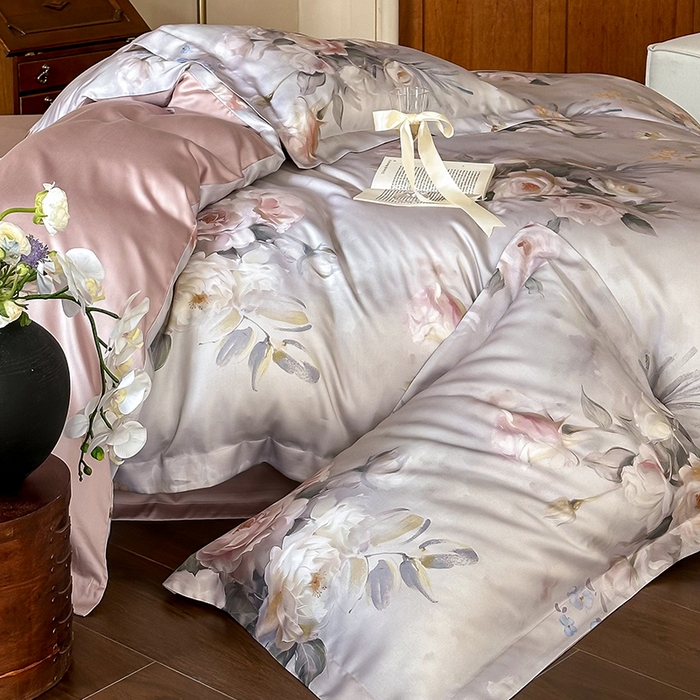 91家纺网 家纺一手货源 找家纺 2025春夏新品数码印花60兰精天丝宽边工艺款四件套 倾城-豆沙