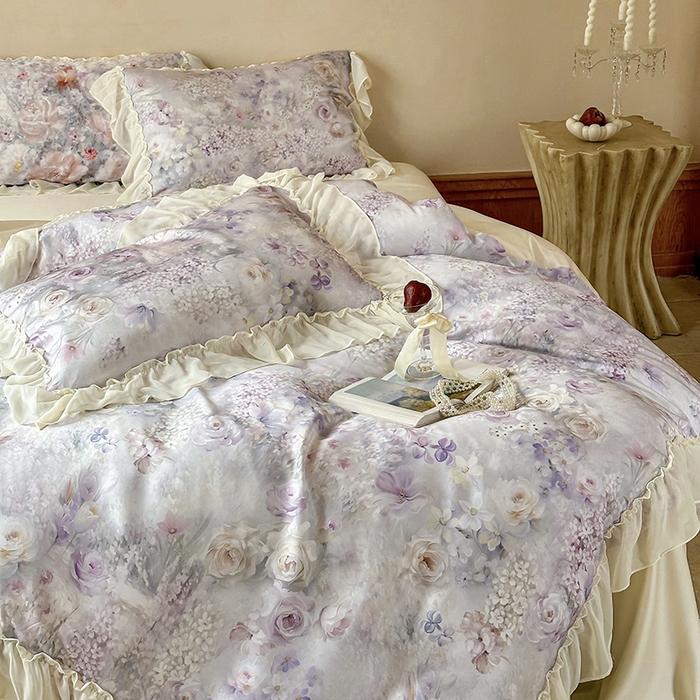 91家纺网 家纺一手货源 找家纺 沐晴家纺 2025春夏新品数码印花60兰精天丝云纱四件套 繁夏-紫