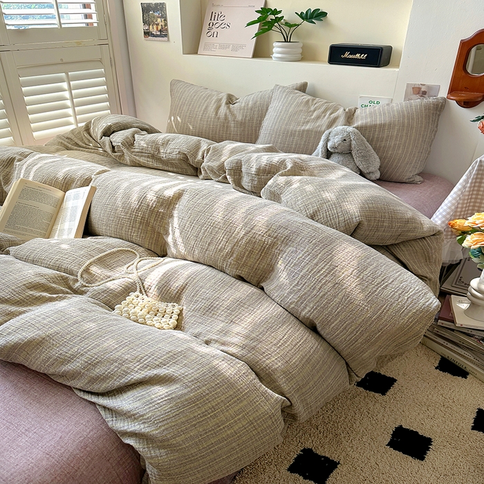 91家纺网 家纺一手货源 找家纺 田野2025新款全棉皱皱纱四件套 小半-亚麻棕