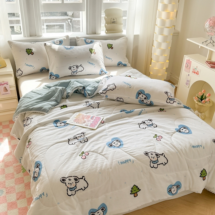 91家纺网 家纺一手货源 找家纺 慕尚家纺 2025新款水洗棉花边工艺羽丝棉卡通系列夏被 淘气狗