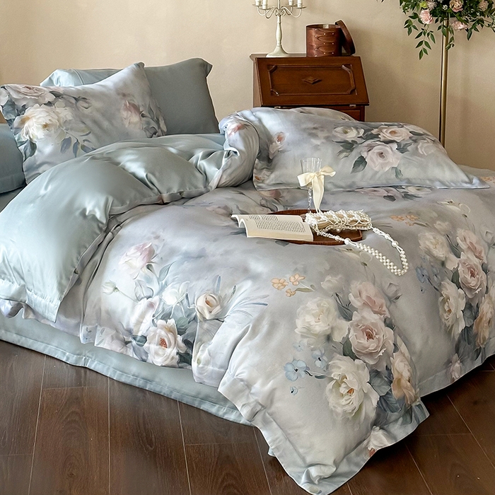 91家纺网 家纺一手货源 找家纺 2025春夏新品数码印花60兰精天丝宽边工艺款四件套 倾城-灰