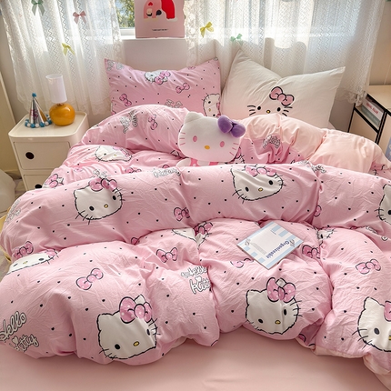 91家纺网 家纺一手货源 找家纺 2025新款水洗棉三丽鸥可爱系列四件套-系列一 可爱-奶油粉kt