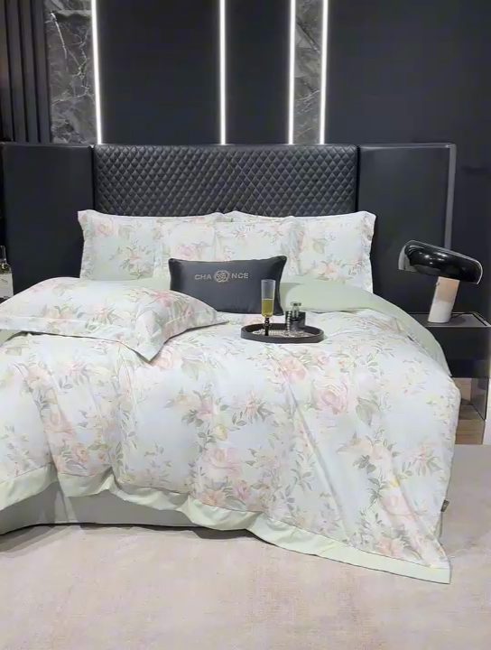 91家纺网 家纺一手货源 找家纺 棠颂 2025新款s莱赛尔天丝数码印花四件套（礼盒款） 南枝