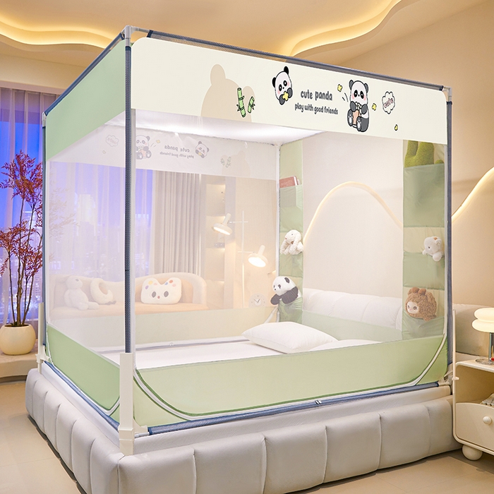 91家纺网 家纺一手货源 找家纺 青竹苑 2025新款围栏支架口袋款坐床防摔蚊帐 可爱熊猫