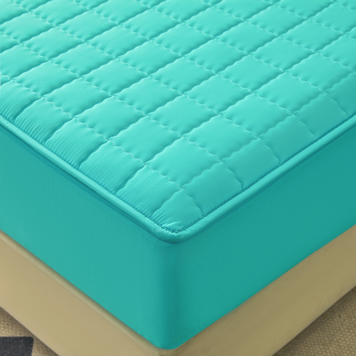 91家纺网 家纺一手货源 找家纺 欧邦 2025新款可拆卸六面全包夹棉床笠 单面夹棉-净水绿