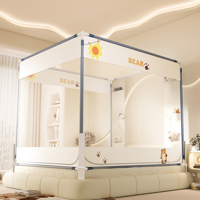 91家纺网 家纺一手货源 找家纺 青竹苑 2025新款围栏支架口袋款坐床防摔蚊帐 快乐熊