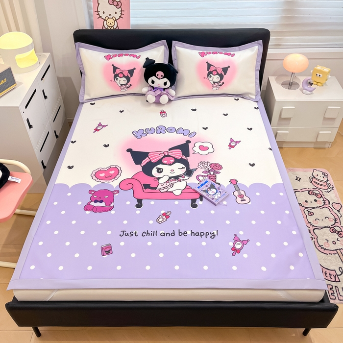 91家纺网 家纺一手货源 找家纺 2025新款正版授权A类大版数码印花三丽鸥可机洗1200D冰丝凉席席子凉席可组合针织棉夏被四件套-平铺款 平铺款-美妆库洛米