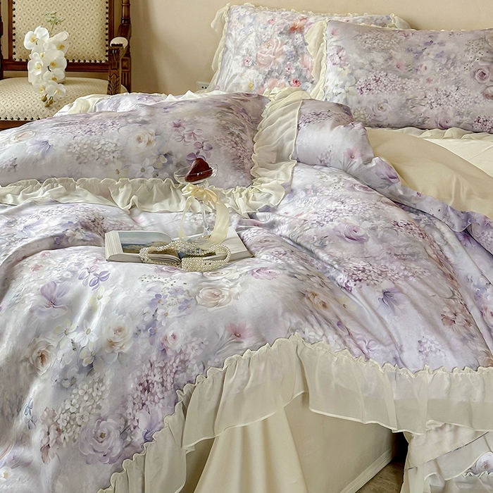 91家纺网 家纺一手货源 找家纺 沐晴家纺 2025春夏新品数码印花60兰精天丝云纱四件套 繁夏-紫