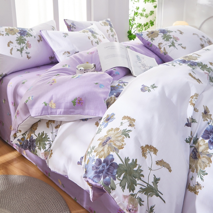 91家纺网 家纺一手货源 找家纺 黛妮雅 2025新款AB版全棉印花单被套床单枕套 陌上花开紫