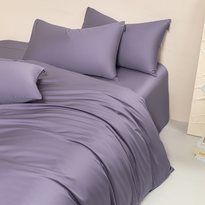 91家纺网 家纺一手货源 找家纺 舒慕家纺 2025新款100s高支贡缎长绒棉纯色四件套双拼四件套（送包装） 香芋紫