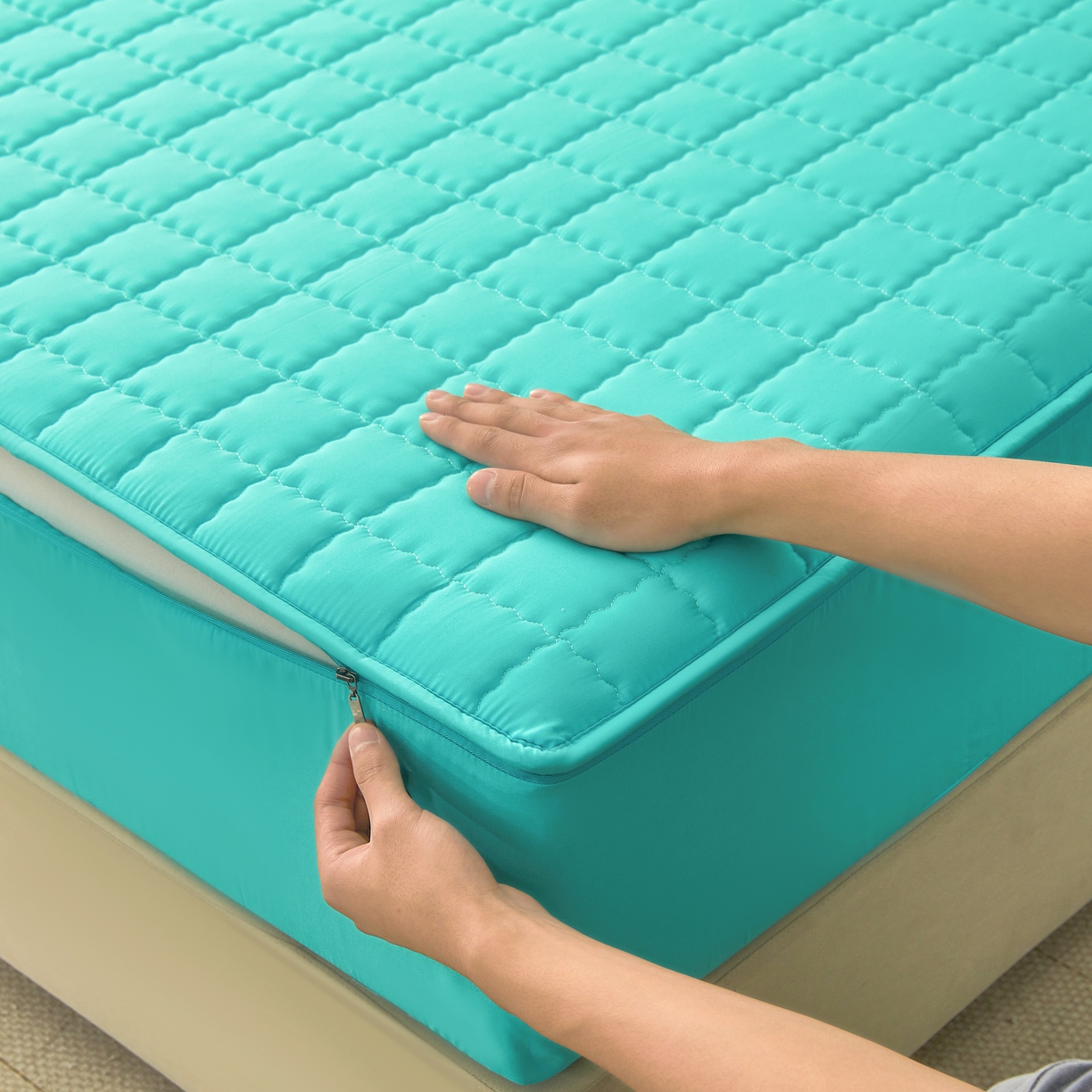 91家纺网 家纺一手货源 找家纺 欧邦 2025新款可拆卸六面全包夹棉床笠 单面夹棉-净水绿