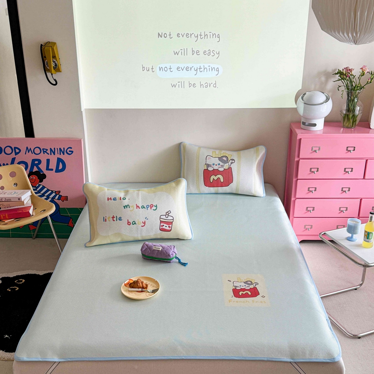 91家纺网 家纺一手货源 找家纺 美乐迪家纺 2025新款数码印花养生冰藤凉席 薯条猫咪