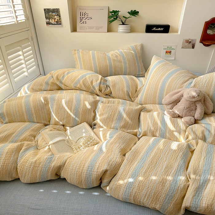 91家纺网 家纺一手货源 找家纺 田野2025新款全棉皱皱纱四件套 时予-桔兰