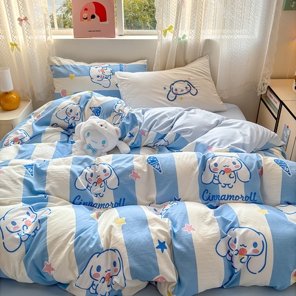 91家纺网 家纺一手货源 找家纺 2025新款水洗棉三丽鸥可爱系列四件套-系列一 可爱-蓝条玉桂狗