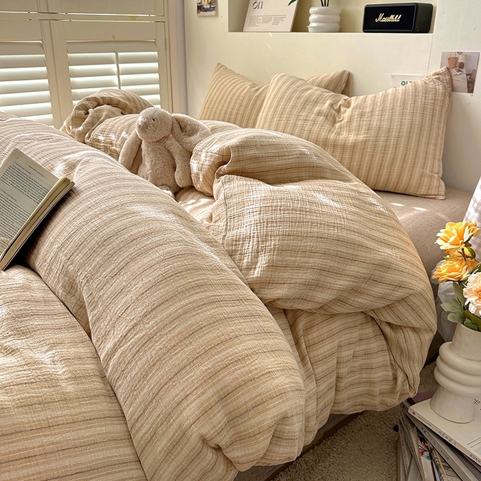 91家纺网 家纺一手货源 找家纺 田野2025新款全棉皱皱纱四件套 小半-奶茶棕