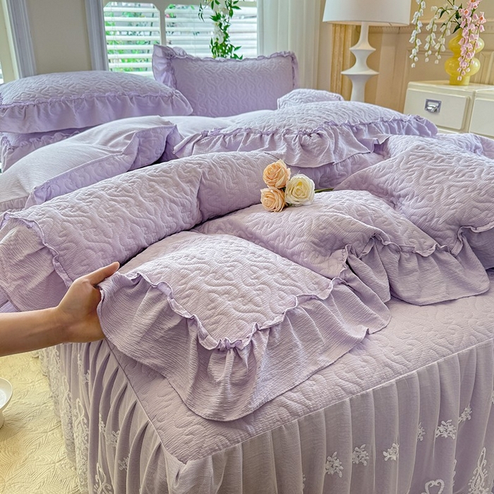 91家纺网 家纺一手货源 找家纺 2025新款A类华夫格大豆棉床裙四件套-梦幻花园 梦幻花园-紫