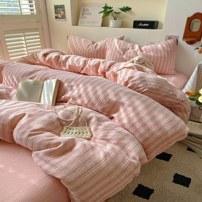 91家纺网 家纺一手货源 找家纺 田野2025新款全棉皱皱纱四件套 小半-粉米