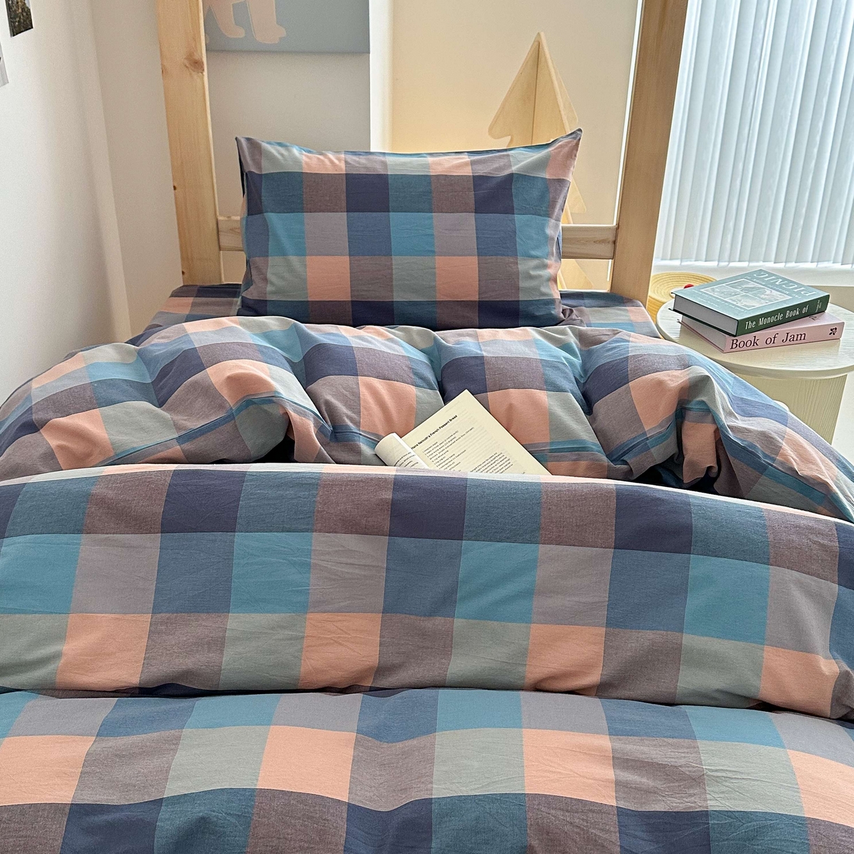 91家纺网 家纺一手货源 找家纺 拔萃 2025新款全棉纯棉色织学生上下铺套件格子纯棉宿舍三件套六件套 彩蓝大格