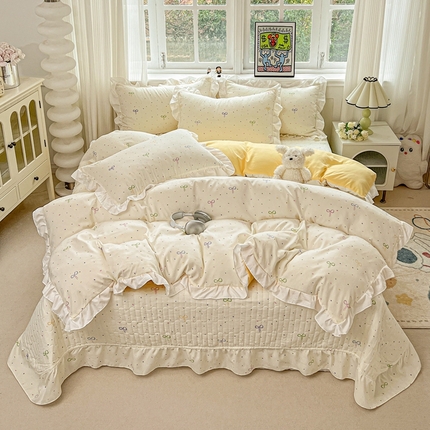 麦朵家居2025新款双层纱针织棉床盖款四件套 多彩领结