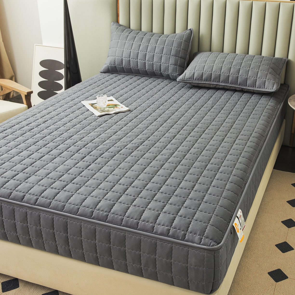 91家纺网 家纺一手货源 找家纺 欧邦 2025新款可拆卸六面全包夹棉床笠 五面夹棉-深灰