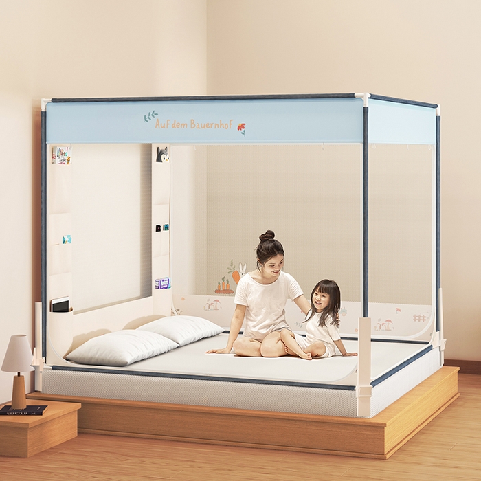 91家纺网 家纺一手货源 找家纺 青竹苑 2025新款围栏支架口袋款坐床防摔蚊帐 萝卜小兔兔