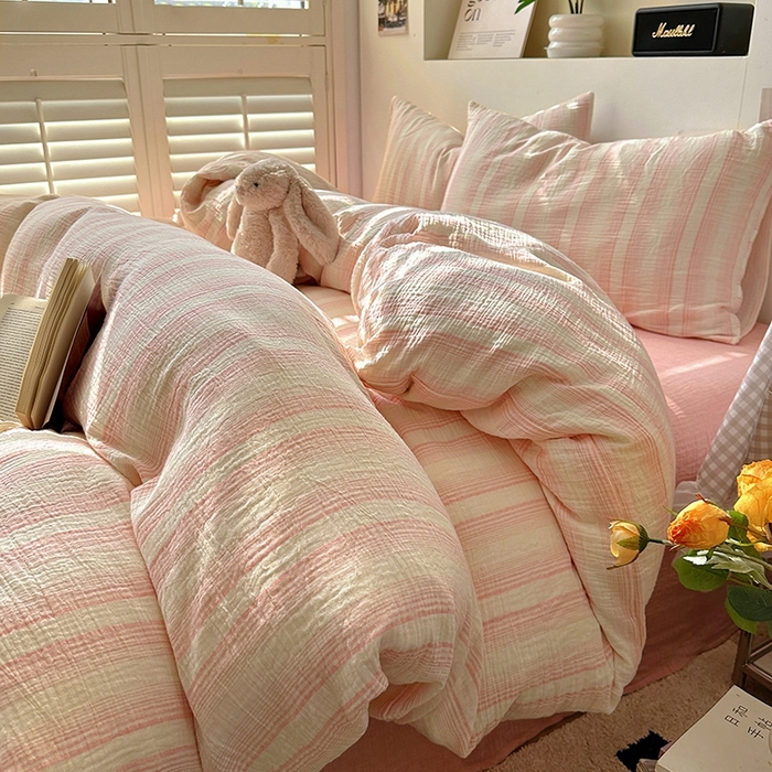 91家纺网 家纺一手货源 找家纺 田野2025新款全棉皱皱纱四件套 半夏-粉