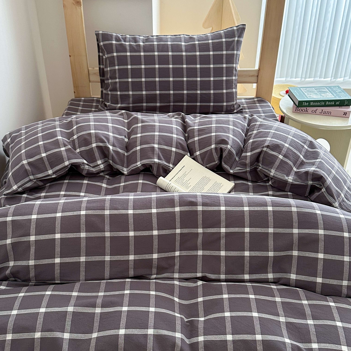 91家纺网 家纺一手货源 找家纺 拔萃 2025新款全棉纯棉色织学生上下铺套件格子纯棉宿舍三件套六件套 灰中格