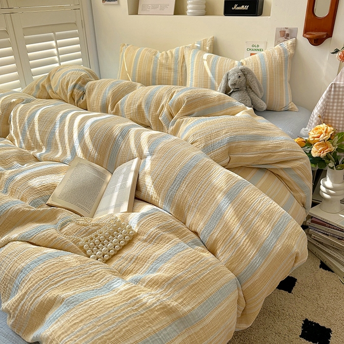 91家纺网 家纺一手货源 找家纺 田野2025新款全棉皱皱纱四件套 时予-桔兰