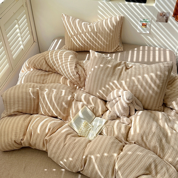 91家纺网 家纺一手货源 找家纺 田野2025新款全棉皱皱纱四件套 小半-奶茶棕