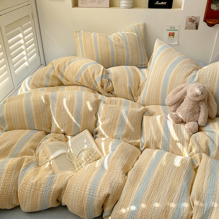 91家纺网 家纺一手货源 找家纺 田野2025新款全棉皱皱纱四件套 时予-桔兰