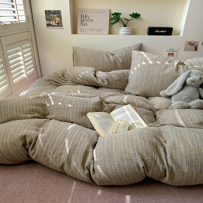 91家纺网 家纺一手货源 找家纺 田野2025新款全棉皱皱纱四件套 小半-亚麻棕