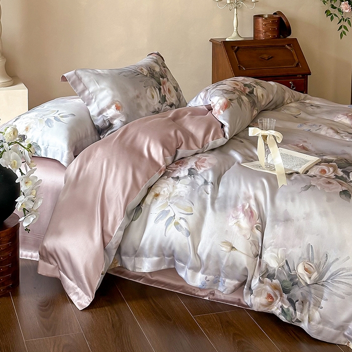 91家纺网 家纺一手货源 找家纺 2025春夏新品数码印花60兰精天丝宽边工艺款四件套 倾城-豆沙