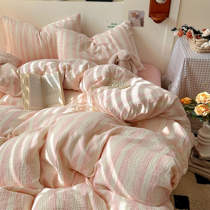 91家纺网 家纺一手货源 找家纺 田野2025新款全棉皱皱纱四件套 半夏-粉