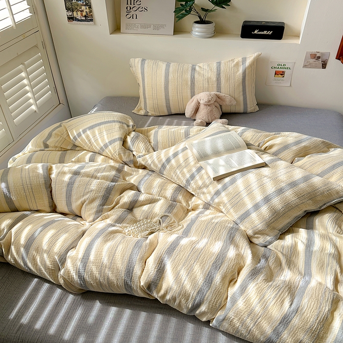 91家纺网 家纺一手货源 找家纺 田野2025新款全棉皱皱纱四件套 时予-黄灰