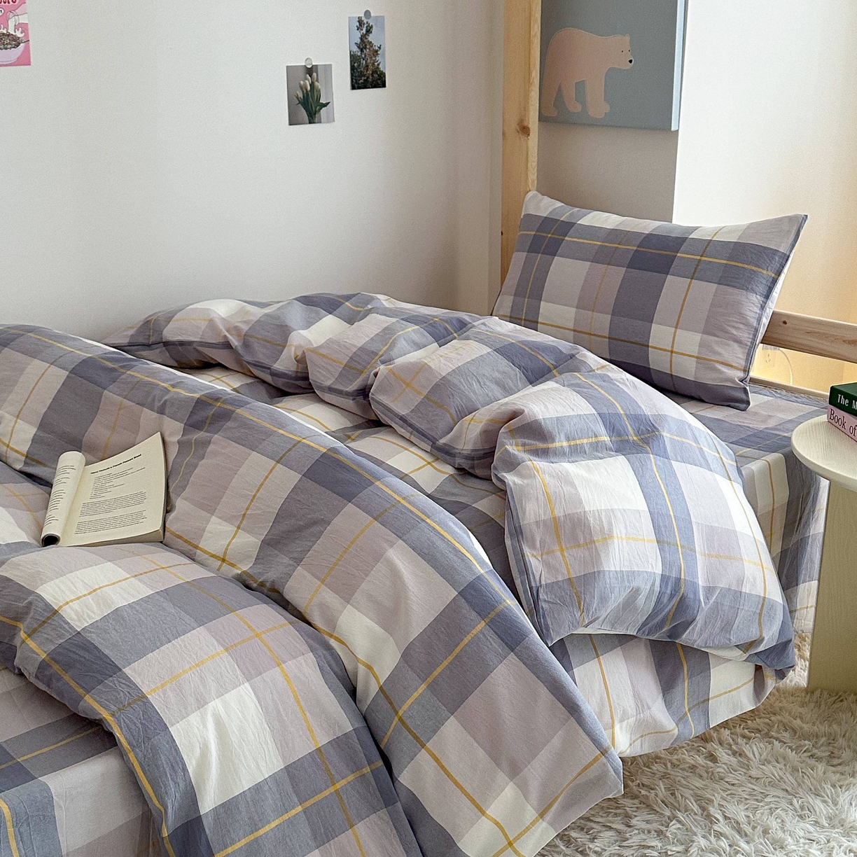 91家纺网 家纺一手货源 找家纺 拔萃 2025新款全棉纯棉色织学生上下铺套件格子纯棉宿舍三件套六件套 欧灰大格