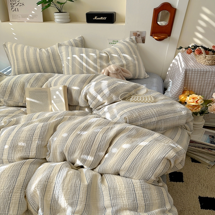 91家纺网 家纺一手货源 找家纺 田野2025新款全棉皱皱纱四件套 半夏-蓝